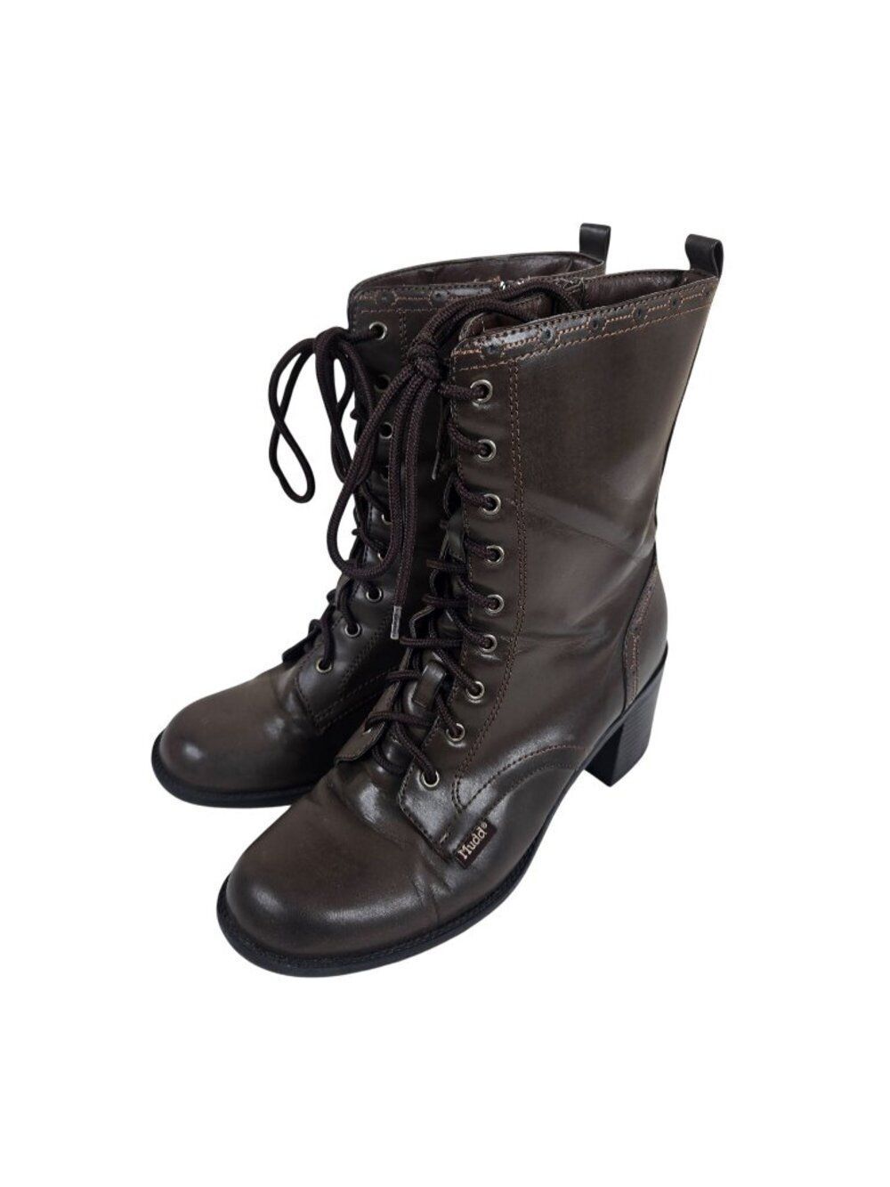 Vintage 90s Mudd Brown Faux Leather Lace-Up Grannie Boots Block Heel Womens 8